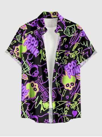 Plus Size Skulls Rock and Roll Print Hawaii Button Pocket Shirt For Men - BLACK - S