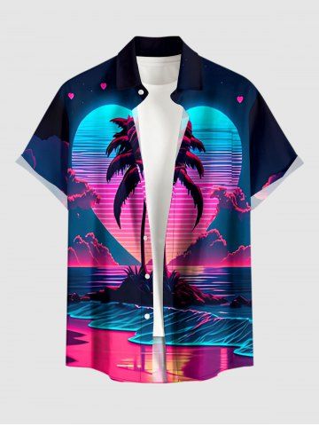 Plus Size Coconut Tree Sea Ombre Heart Print Hawaii Button Pocket Shirt For Men