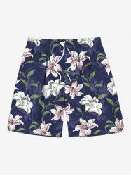 Plus Size Flower Leaf Branch Print Hawaii Drawstring Beach Shorts For Men - Cadetblue 7XL