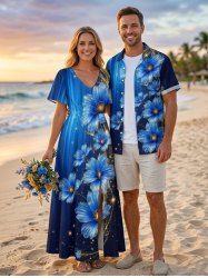 Glitter Flower Ombre Light Beam Print Plus Size Matching Hawaii Beach Outfit For Couples -  