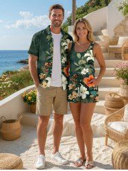 Matching Hawaii Shirt and Romper Plus Size Beach Outfit Hibiscus Flower Leaf Branch Print For Couples -  