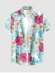 Hibiscus Flowers Tropical Leaf Print Buttons Pocket Hawaii Shirt For Men -  