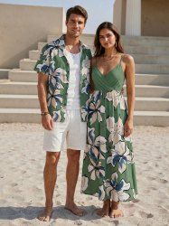 Flowers Watercolor Print Plus Size Matching Hawaii Beach Outfit For Couples -  