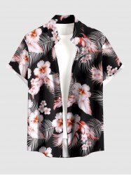 Tropical Leaf Hibiscus Flower Print Hawaii Button Pocket Shirt For Men - Noir M