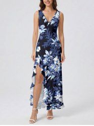 Flowers Leaf Print Hawaii Ruffles Split Surplice Dress -  