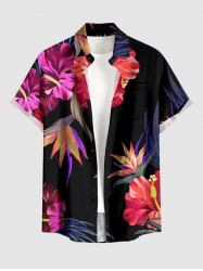 Hibiscus Flower Leaf Print Buttons Pocket Hawaii Shirt For Men -  