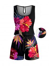 Hibiscus Flower Leaf Print Cinched Hawaii Romper -  