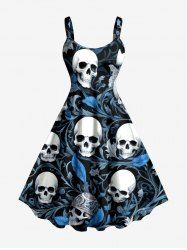 Skulls Flower Leaf Print Hawaii Tank Dress - Bleu Ciel 3X