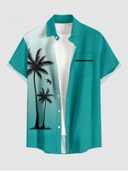 Plus Size Coconut Tree Bird Ombre Print Buttons Pocket Hawaii Shirt For Men -  