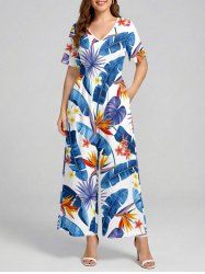 Flowers Tropical Leaf Print V Neck Hawaii Wide Leg Jumpsuit -  