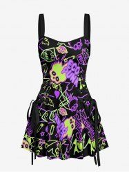 Skulls Rock and Roll Print Hawaii Lace Up A Line Dress - Noir S