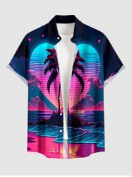 Plus Size Coconut Tree Sea Ombre Heart Print Hawaii Button Pocket Shirt For Men - Bleu profond 3XL