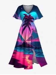 Plus Size Coconut Tree Sea Ombre Heart Print Hawaii Split Pocket A Line Midi Dress - Bleu profond M