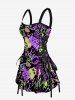 Skulls Rock and Roll Print Hawaii Lace Up A Line Dress - Noir S
