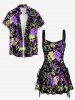 Skulls Rock and Roll Print Hawaii Lace Up A Line Dress - Noir S