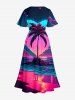 Plus Size Coconut Tree Sea Ombre Heart Print Hawaii Split Pocket A Line Midi Dress - Bleu profond M
