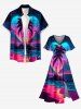 Plus Size Coconut Tree Sea Ombre Heart Print Hawaii Split Pocket A Line Midi Dress - Bleu profond M