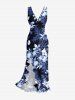 Flowers Leaf Print Hawaii Ruffles Split Surplice Dress -  