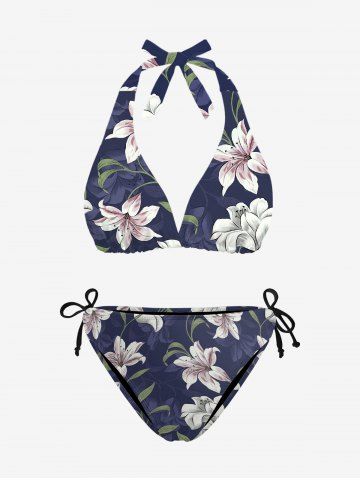 Flower Leaf Branch Print Hawaii Plunging Halter Backless Bikini Set - CADETBLUE - 4XL