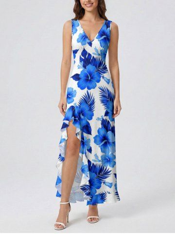 Hibiscus Flower Tropical Leaf Print Hawaii Ruffles Split Surplice Dress - SKY BLUE - XS