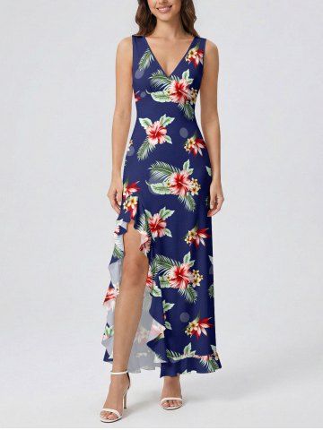 Hibiscus Flower Tropical Leaf Print Hawaii Ruffles Split Surplice Dress - CADETBLUE - L