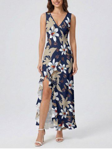 Flowers Leaf Print Hawaii Ruffles Split Surplice Dress - DEEP BLUE - XXXL