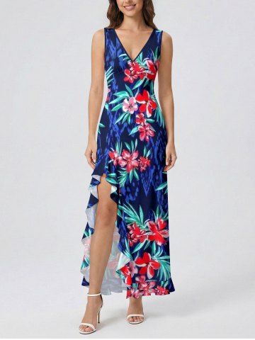 Tropical Leaf Flower Print Hawaii Ruffles Split Dress - BLUE - XS