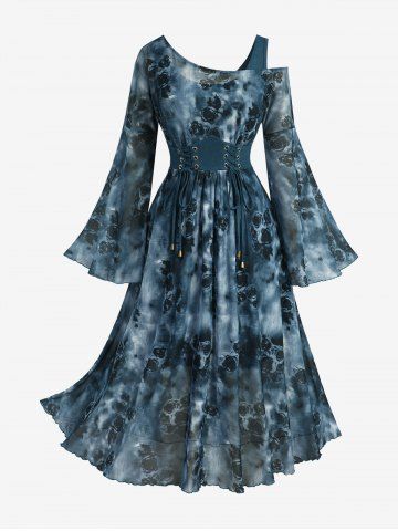 Plus Size Rose Flower Tie Dye Print Lace Up 2 in 1 A Line Dress - PEACOCK BLUE - L | US 12