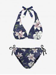 Flower Leaf Branch Print Hawaii Plunging Halter Backless Bikini Set -  