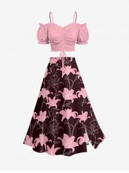 Solid Cinched Top and Lily Flower Print Hawaii Split A Line Skirt Matching Set -  