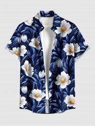 Flower Leaf Print Hawaii Button Pocket Shirt For Men -  