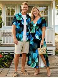 Ombre Flower Print Plus Size Matching Hawaii Beach Outfit For Couples -  