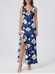 Flower Leaf Print Hawaii Ruffles Split Dress - Bleu M
