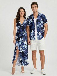 Flowers Leaf Pritn Matching Hawaii Beach Outfit For Couples -  