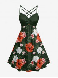 Hibiscus Flowers Leaf Print Ruched Lattice Crisscross Straps Hawaii Dress - Vert profond 3X