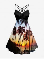 Coconut Tree Ombre Print Ruched Lattice Crisscross Straps Hawaii Dress - Noir XS