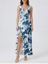 Hibiscus Flower Leaf Print Hawaii Ruffles Split Surplice Dress - Paon Bleu XXXL
