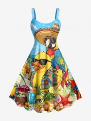 Parrot Duck Pineapple Fruit Juice Flowers Print Hawaii Tank Dress - Bleu Ciel 3X