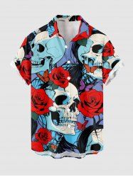 Plus Size Skull Rose Flower Butterfly Print Button Pocket Shirt For Men -  