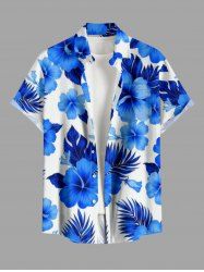 Hibiscus Flower Tropical Leaf Print Buttons Pocket Hawaii Shirt For Men -  