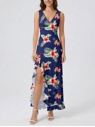 Hibiscus Flower Tropical Leaf Print Hawaii Ruffles Split Surplice Dress -  