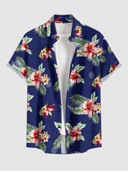 Hibiscus Flower Tropical Leaf Print Buttons Pocket Hawaii Shirt For Men -  