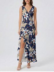Flowers Leaf Print Hawaii Ruffles Split Surplice Dress -  