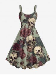 Plus Size Skulls Rose Flower Leaf Print Hawaii Tank Dress -  
