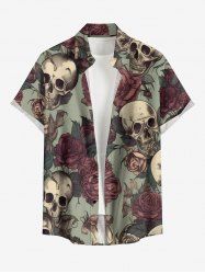 Skulls Rose Flower Leaf Print Buttons Pocket Hawaii Shirt For Men -  