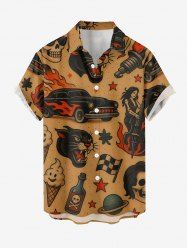 Plus Size Skull Tiger Fire Flame Car Print Button Pocket Shirt For Men - Brun Légère 4XL