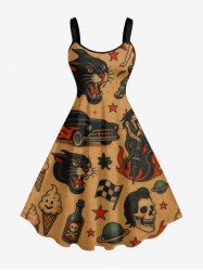 Plus Size Skull Tiger Fire Flame Car Print A Line Dress -  