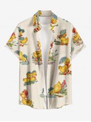 Plus Size Cute Duck Print Hawaii Button Pocket Shirt For Men -  