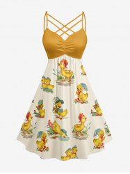 Cute Duck Print Hawaii Ruched Crisscross Strappy A Line Cami Dress - Deep Yellow L