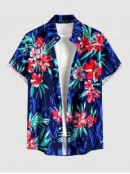 Tropical Leaf Flower Print Hawaii Button Pocket Shirt For Men -  